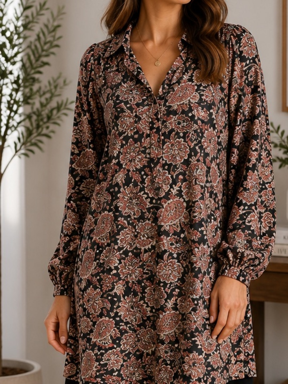 Boho Floral Paisley Tunic Dress in Taupe and Pink
